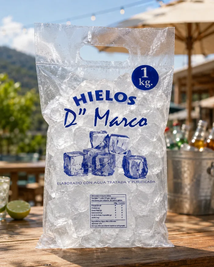 Bolsa para hielo de 1 kg con manilla impresa con la marca Hielos D'Marco, fabricada por Enflex