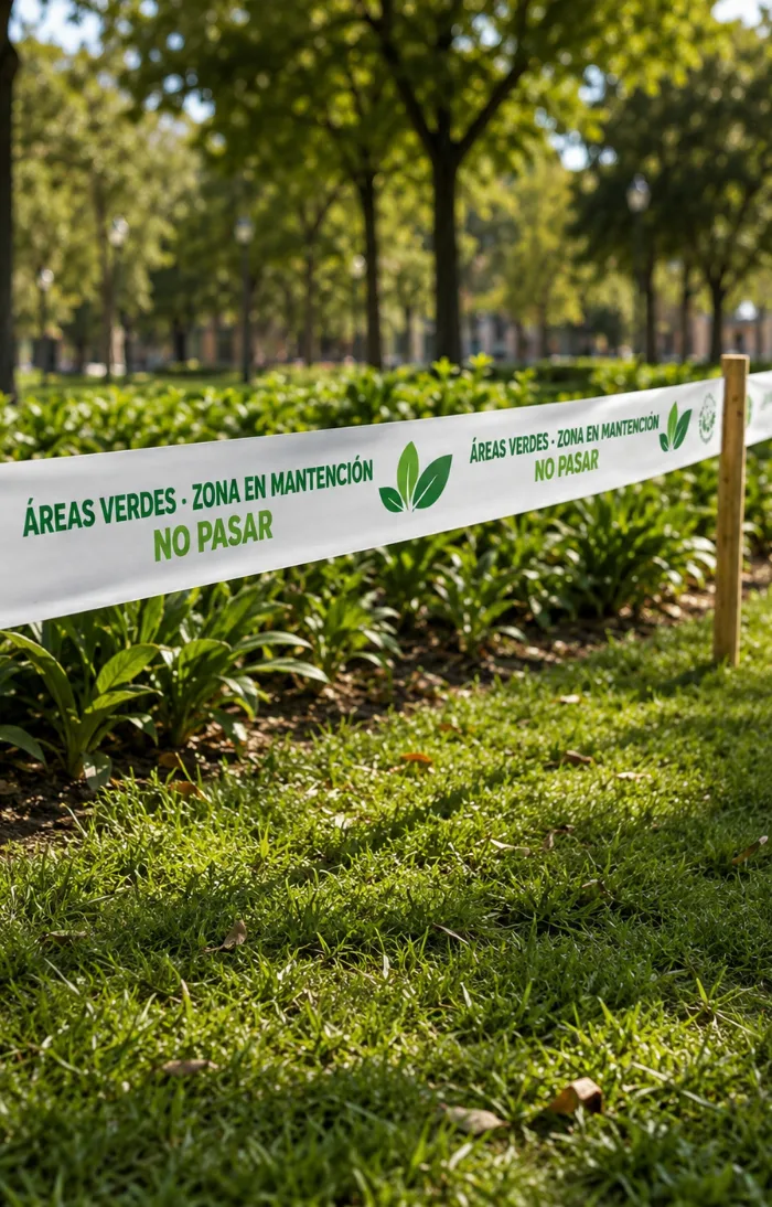 Cinta demarcatoria blanca con la leyenda Áreas verdes, zona en mantención, no pasar, fabricada por Enflex