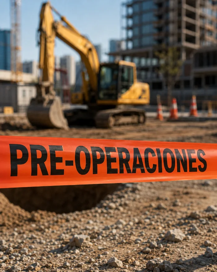 Cinta demarcatoria naranja con la leyenda Pre-operaciones en una obra, fabricada por Enflex