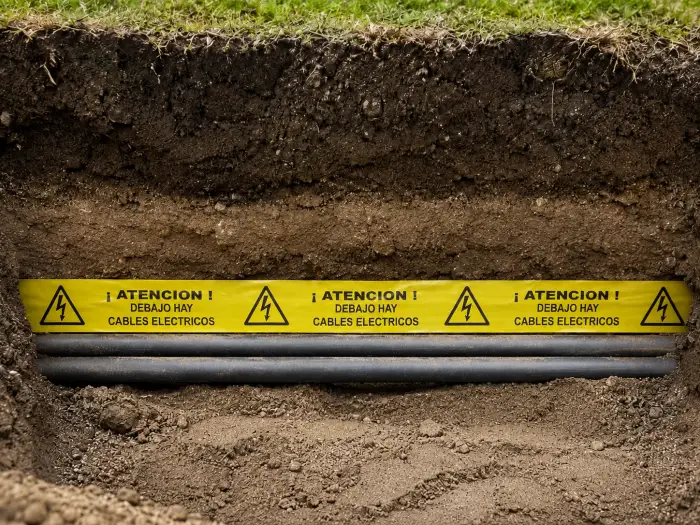 Cinta de peligro amarilla instalada sobre cables eléctricos enterrados: ¡Atención! Debajo hay cables eléctricos